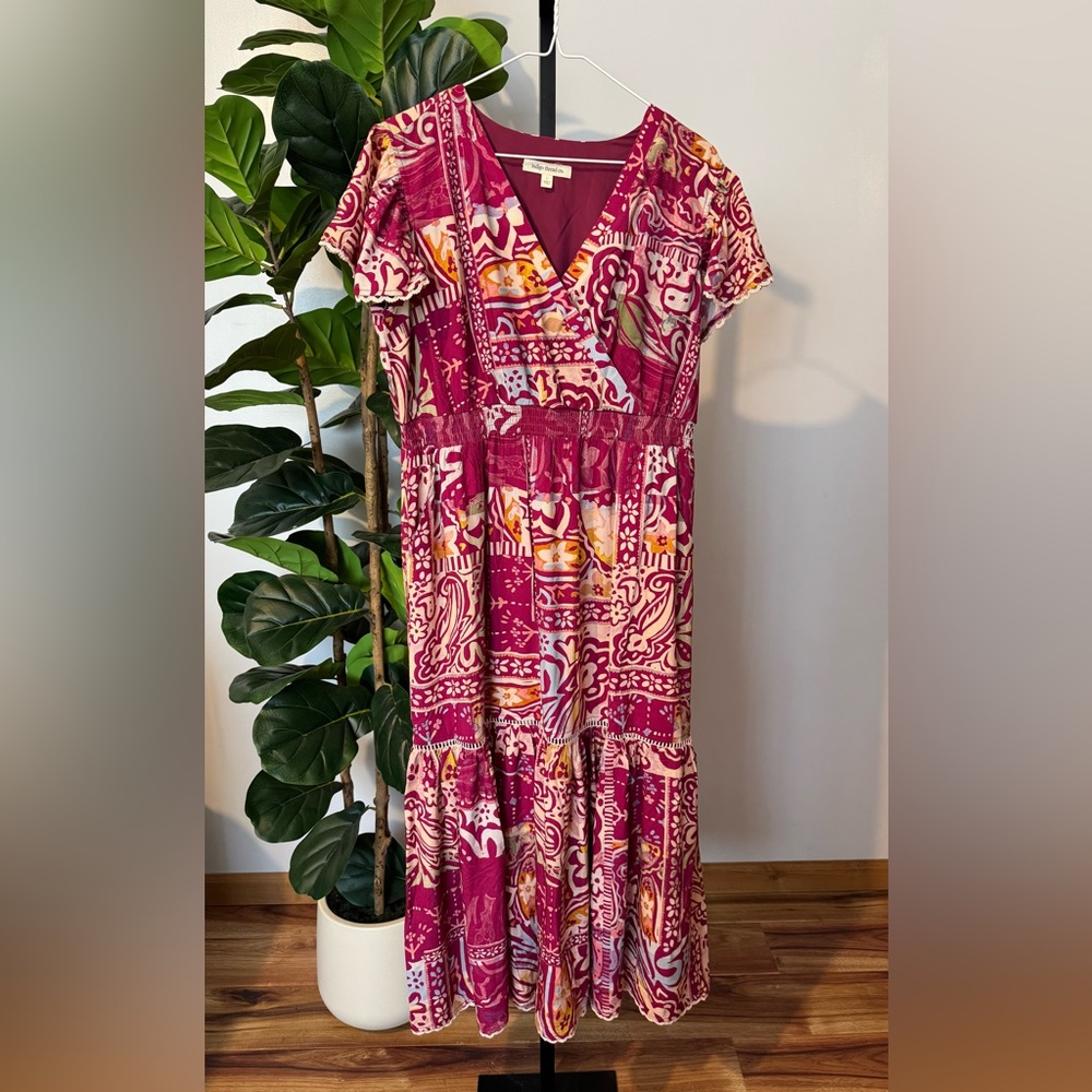 Magenta Printed V-Neck Tiered Maxi Dress
